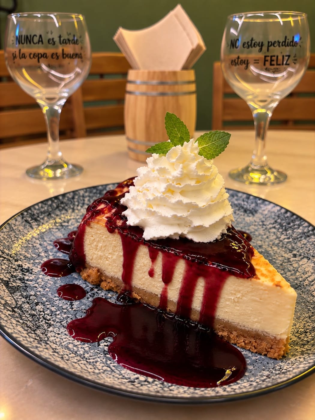 Tarta de queso con sirope de frutos rojos y nata
